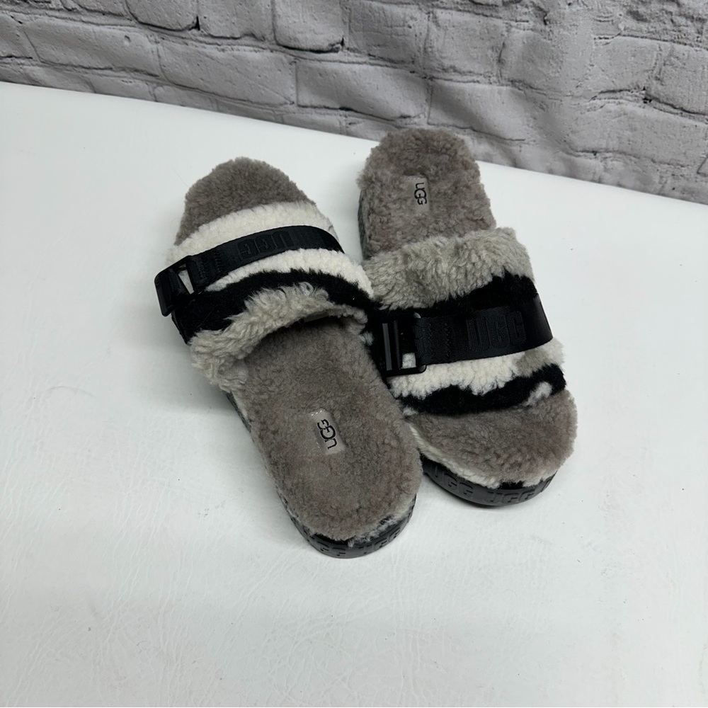 UGG Fuzzy Slippers with Black and Gray Stripes